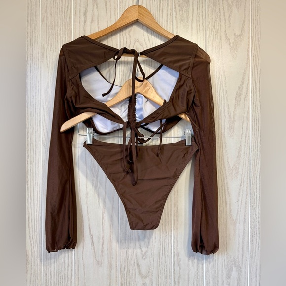 High Waist Lace Up Long Sleeve Swimsuit Bikini Set Two Piece in Coffee Size S - Picture 6 of 6